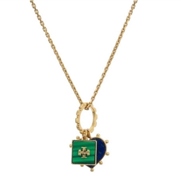 Tory Burch Vintage Gold Plated Mother Of Pearl Heart and Square Charm Ne… - Picture 4 of 12